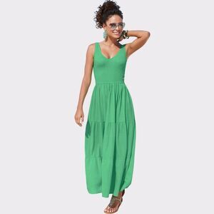 Open Box - Lascana - Women's Smocked V-Neck Maxi Dress - LASCANA - Gree Green